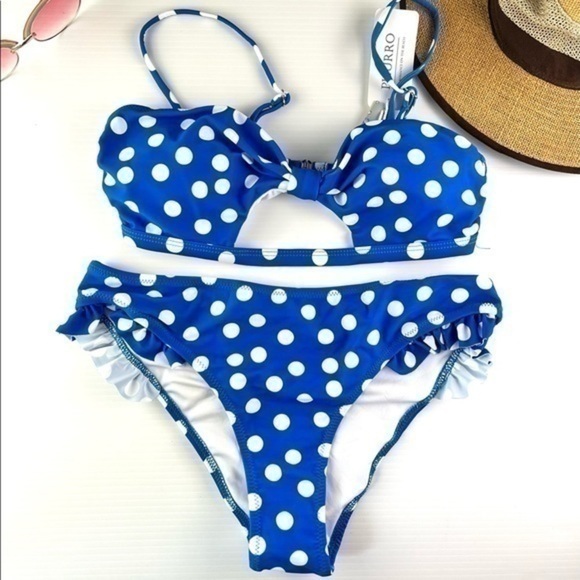 Phurro womens medium blue white polka dot ruffle bikini set - Picture 1 of 6